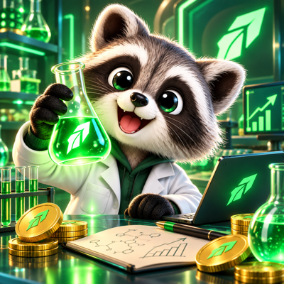 PayoffLab raccoon scientist holding a glowing green flask